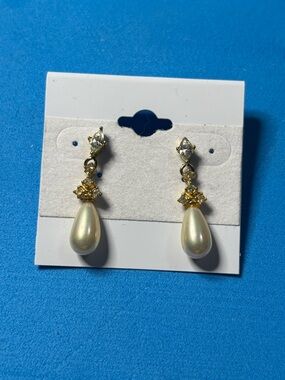 Gold Pearl Drop Earrings with Crystal Accents